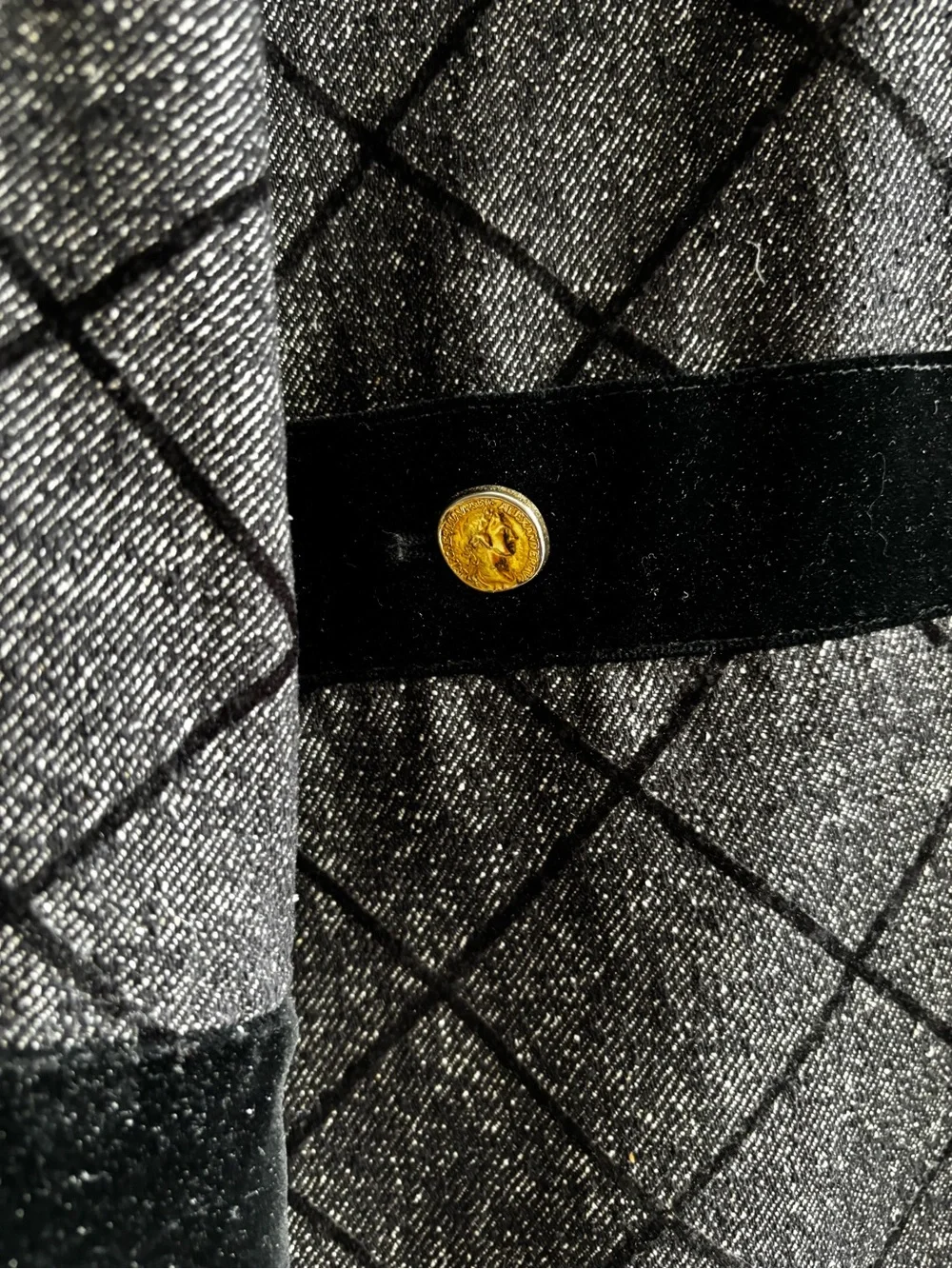 Escada Sparkly Silver Jacket with Black Velvet Trim and Signature Gold Buttons